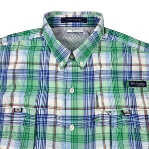Columbia PFG Shirt Mens XL Green Blue Super Plaid Super Bahama Fishing Vented